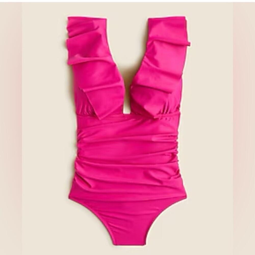 J.Crew Ruched Ruffle One-Piece Swimsuit - Radiant Fuchsia - 0 - NWT - Picture 1 of 7